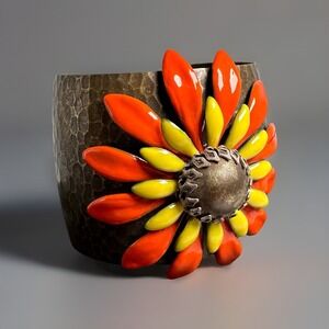 Ollipop USA Hammered Brass Cuff Bracelet Orange Yellow Enamel Flower Boho